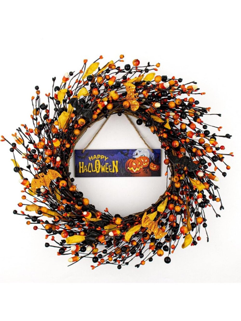 18-Inch Vintage Halloween Wreath - Black & Orange Berry Decor with Glitter Bat